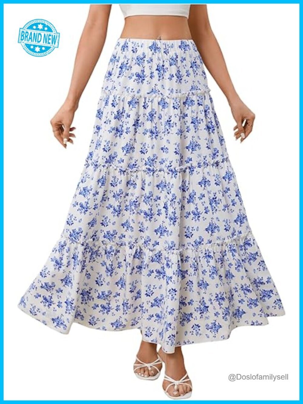 Floral Print Elastic High Waist Pleated Ruffle Flowy Maxi Skirt